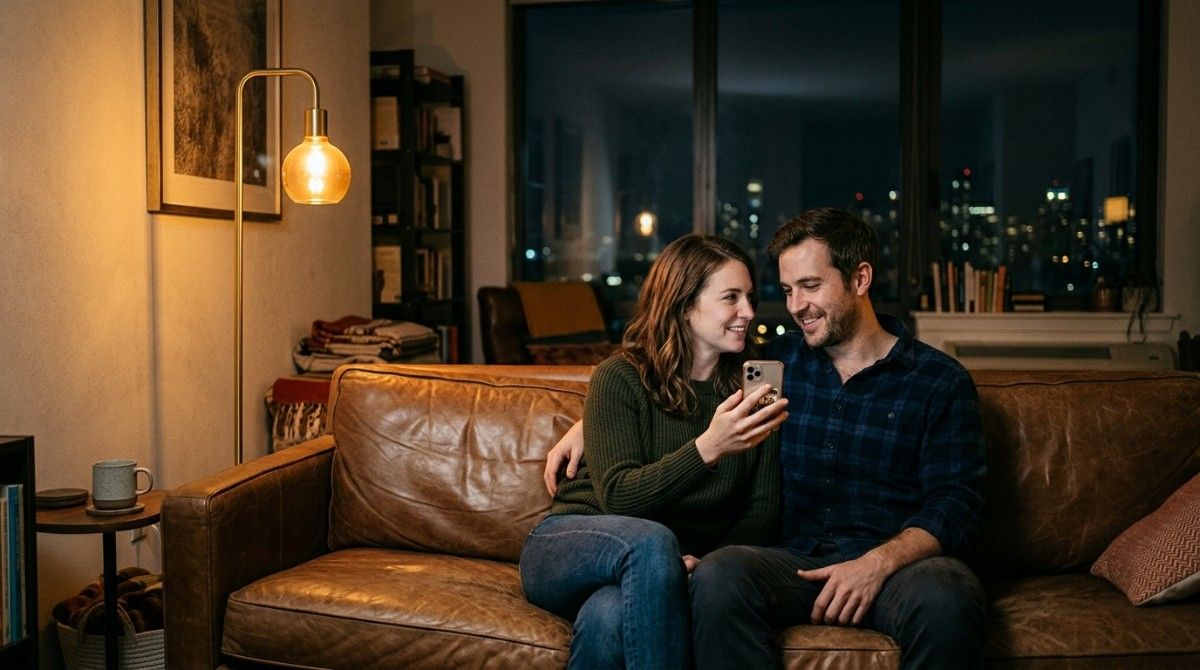 Couple sitting close together on a couch at home smiling while looking at a phone together