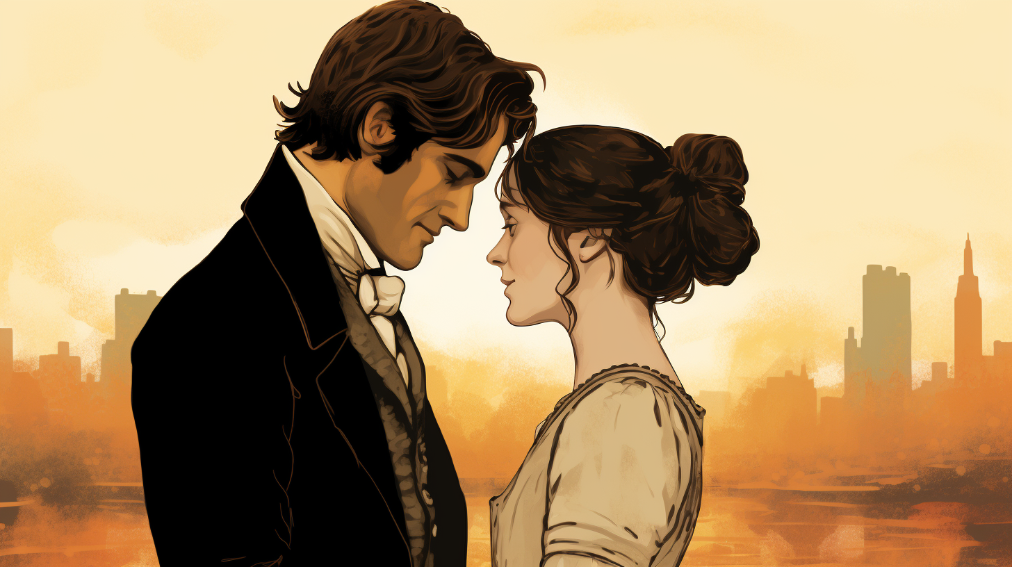 Elizabeth Bennet and Mr. Darcy in a modern world, symbolizing timeless love from classic literature to today's relationships.