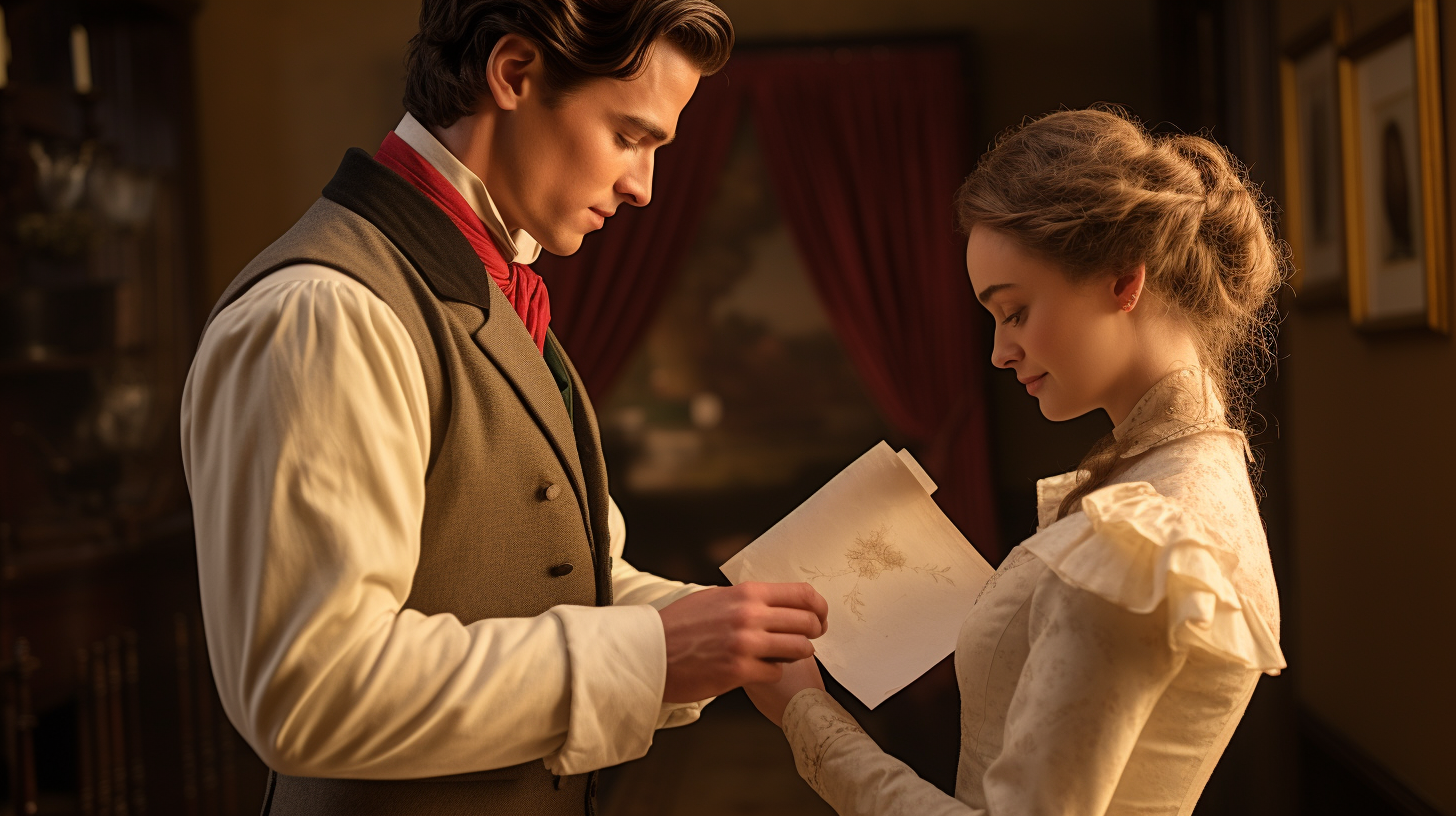 Split image showcasing traditional Victorian-era couple exchanging a handwritten letter , set against contrasting backdrops of cobblestone streets.