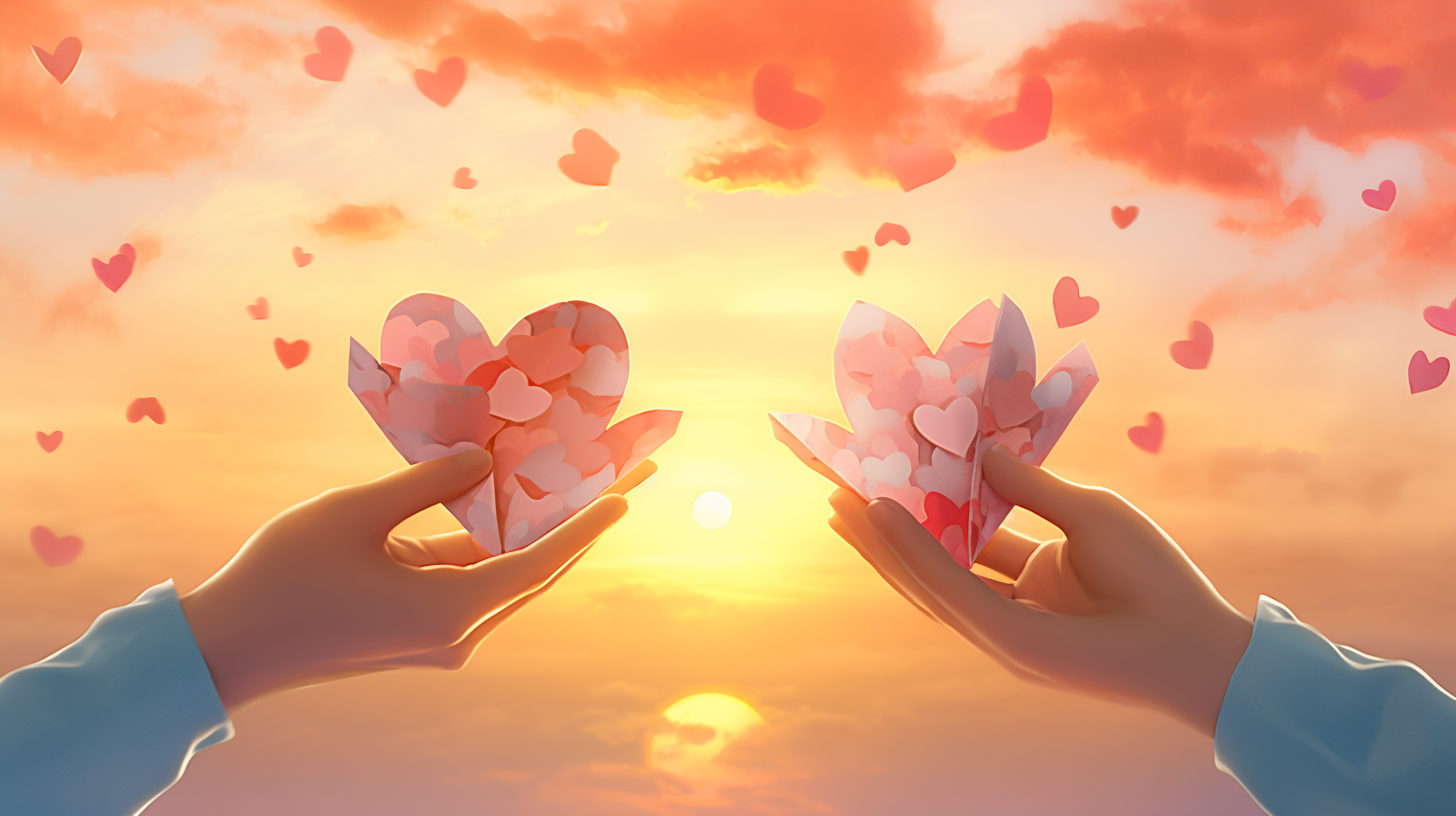 Intertwined hands holding paper hearts with handwritten affirmations against a sunrise background.