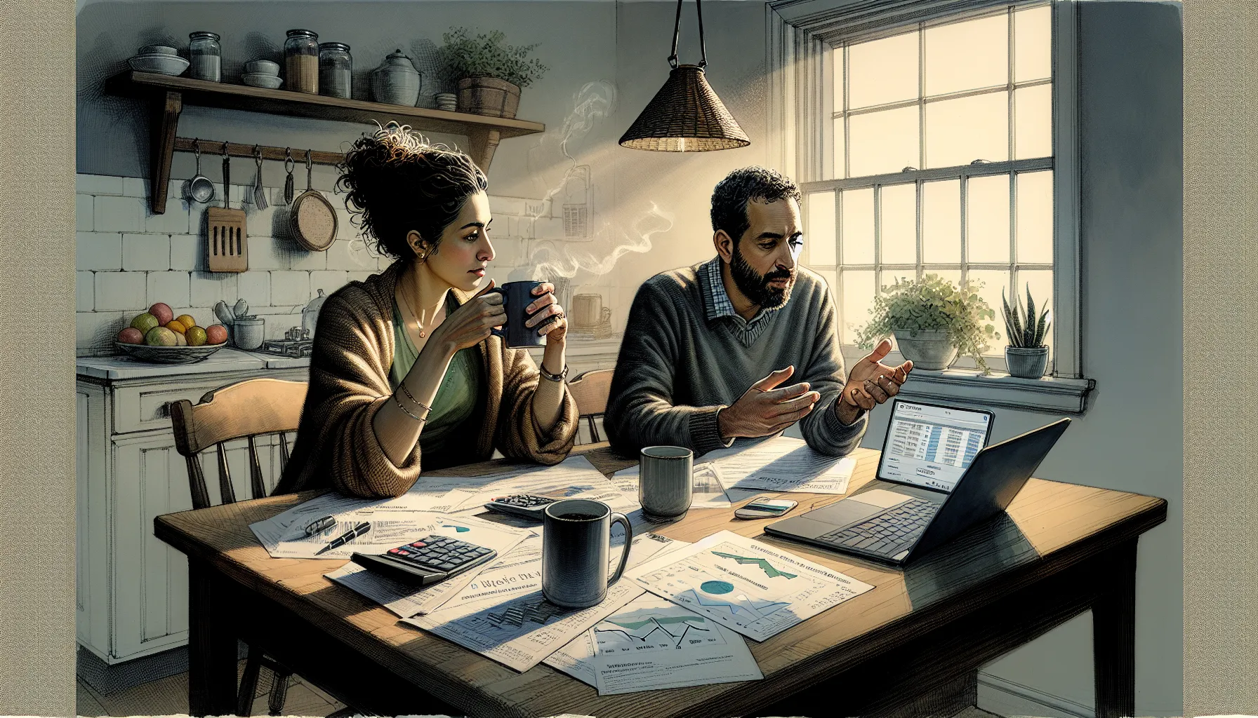 Couple discussing their finances and doing financial planning over their kitchen table.