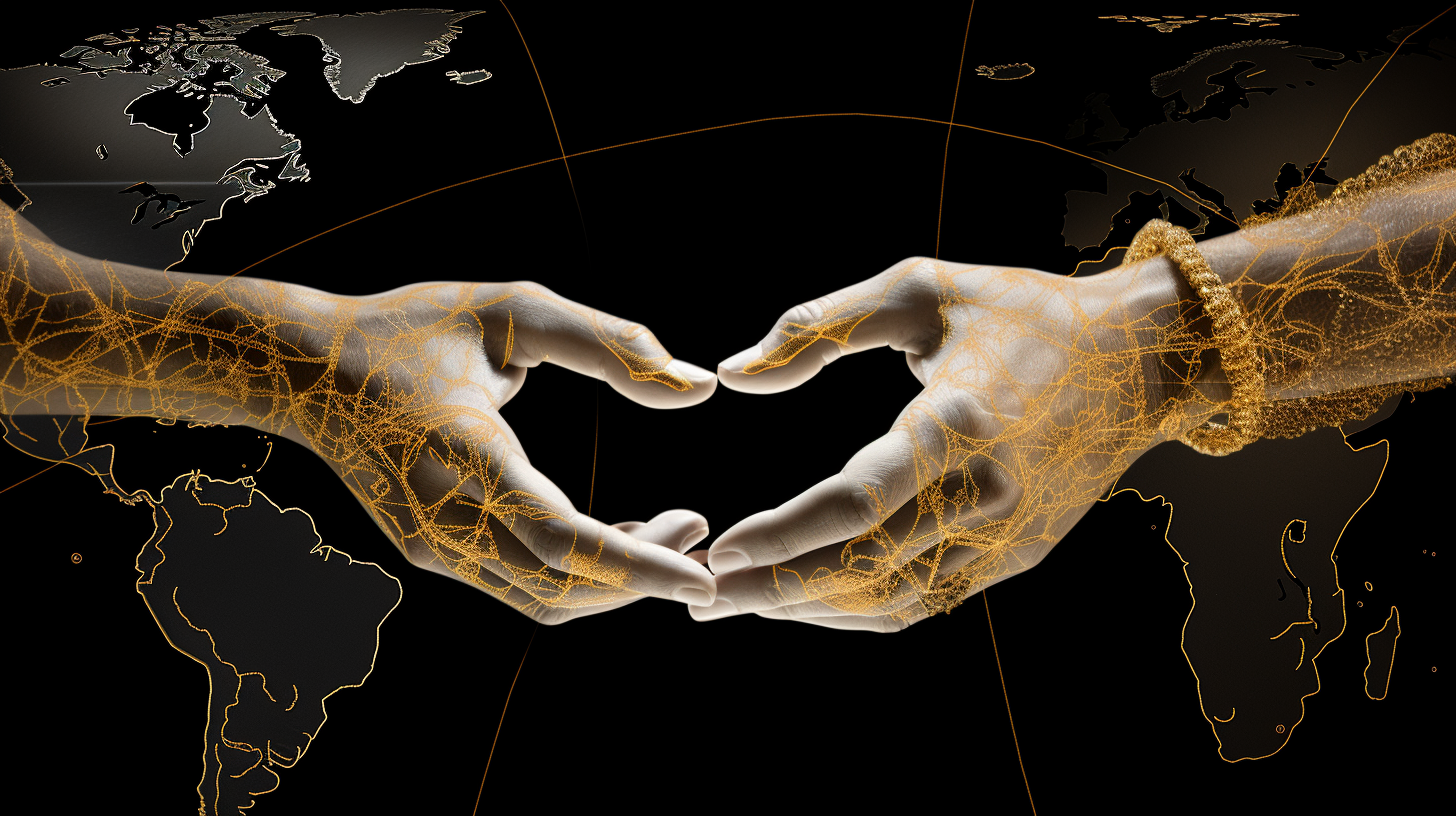 Two hands, one male and one female, reaching out towards each other. They are almost touching, reminiscent of Michelangelo's "The Creation of Adam". Embedded within the space where the fingers nearly meet are pixelated digital hearts, symbolizing the bridge technology creates in long-distance relationships.
