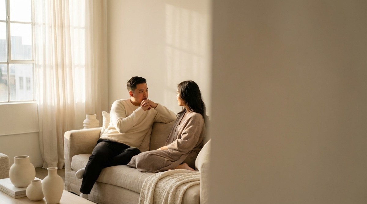 Couple sitting on a couch talking deeply in a warm, minimal living room, representing emotional connection and relationship trust.