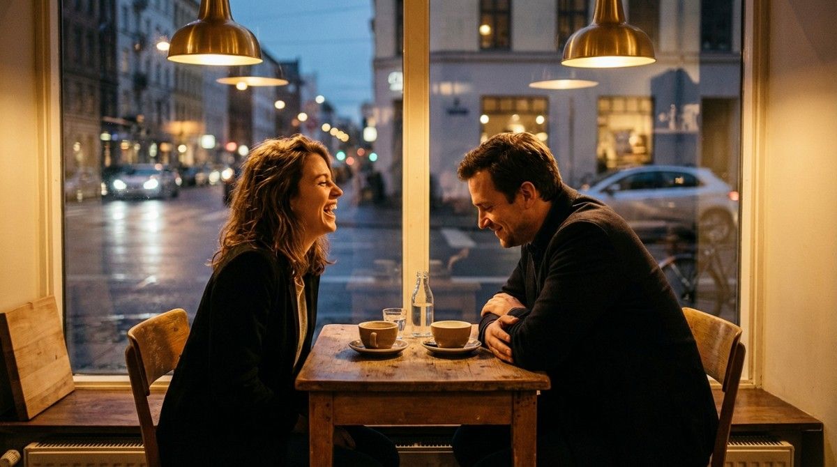Man and woman smiling and laughing across a table in a cozy café during evening, city lights visible outside.