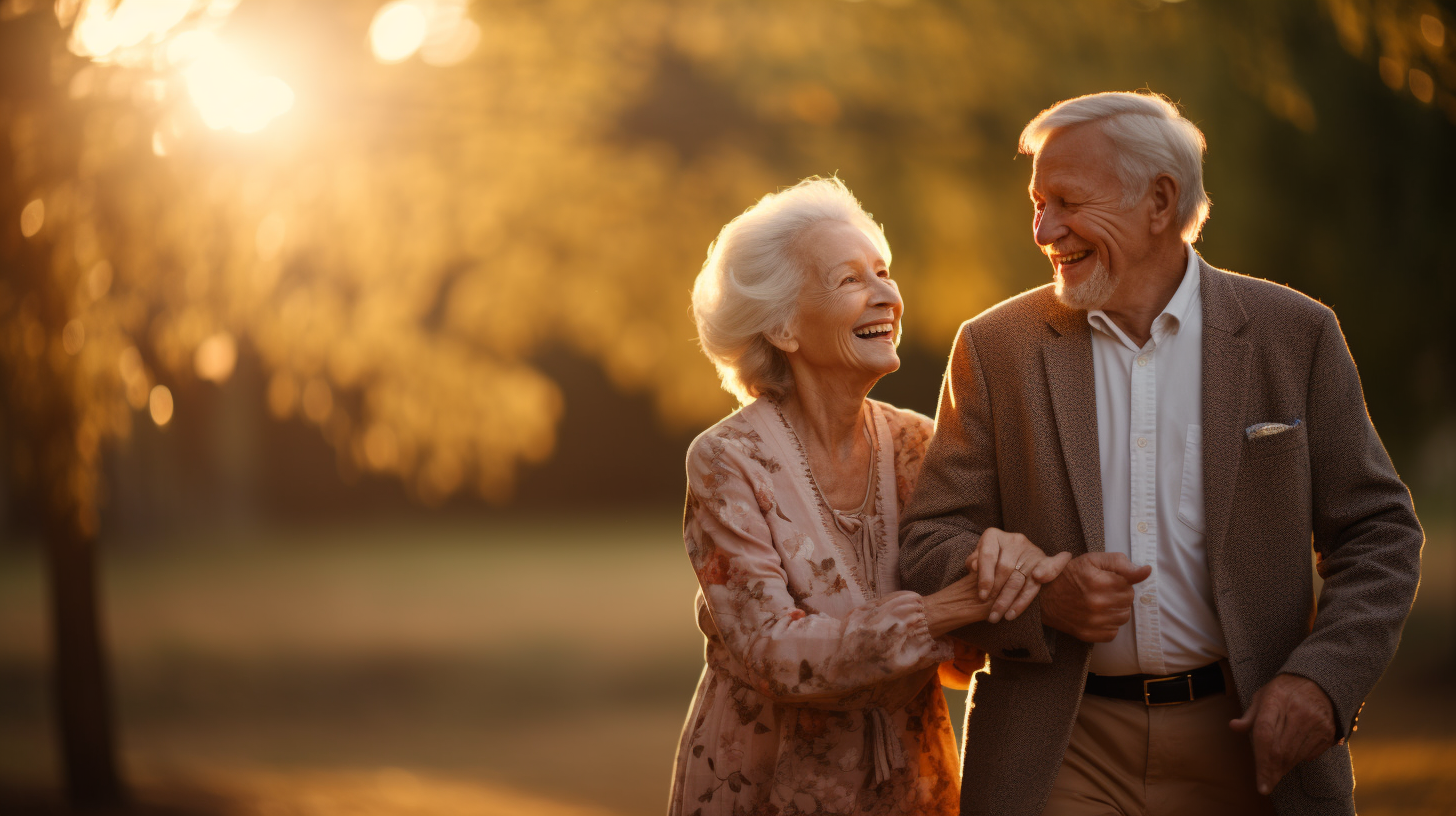 Joyful elderly couple holding hands, symbolizing decades of enduring love and companionship, walking in a serene park at sunset.