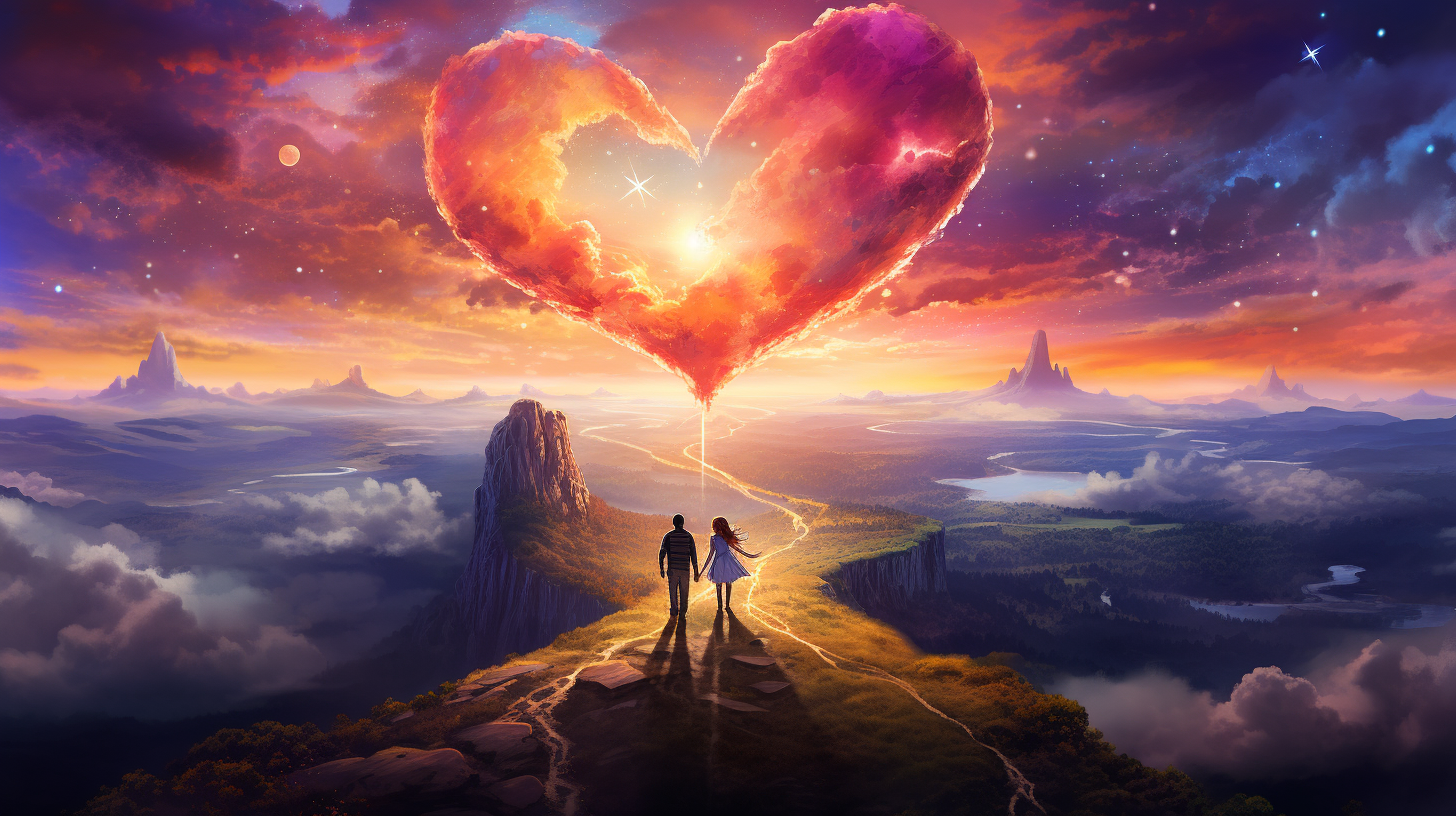 Couple holding a golden compass on cloud path, navigating evolving relationship goals from night to day.