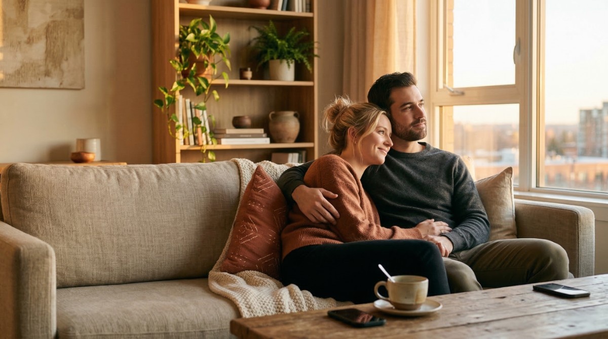 Couple relaxing on sofa at home enjoying quiet relationship moment