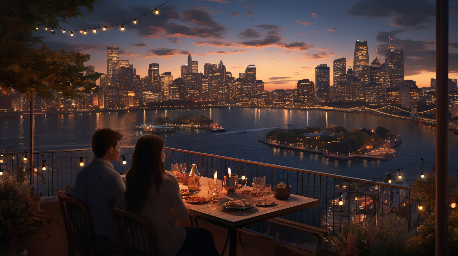 Couple enjoying rooftop dinner against cityscape at twilight, symbolizing quality time amidst busy schedules.