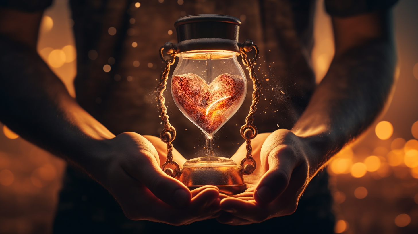 Intertwined hands holding firm with glowing heart flame, against the backdrop of an hourglass representing the passage of time in relationships.