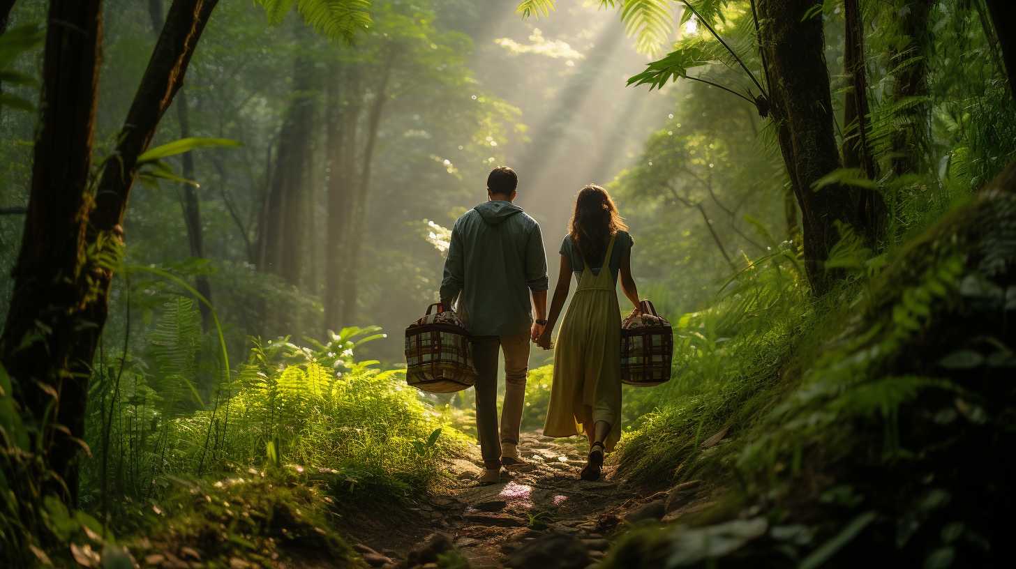 Couple walking in a sustainable forest trail with eco-friendly picnic basket and bamboo utensils.