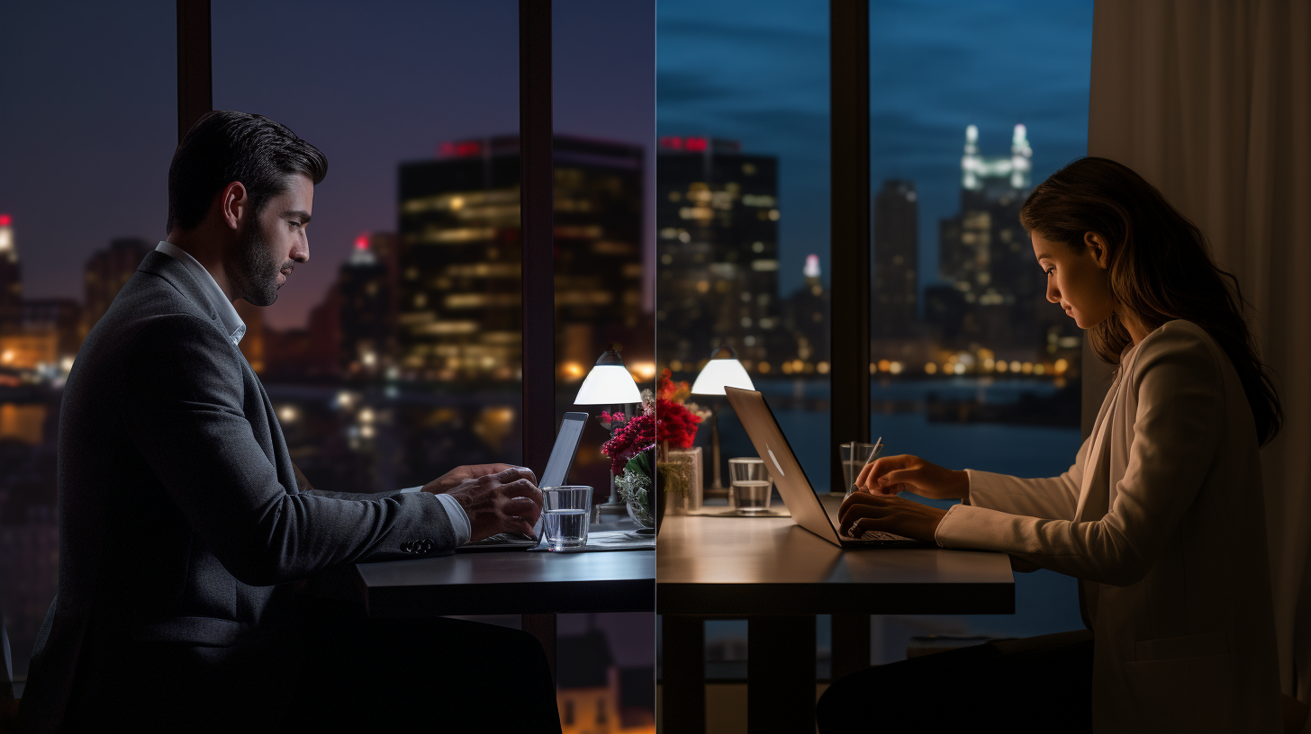 Couples who are professionals in business attire intensely focused on their laptop in a modern office setting.