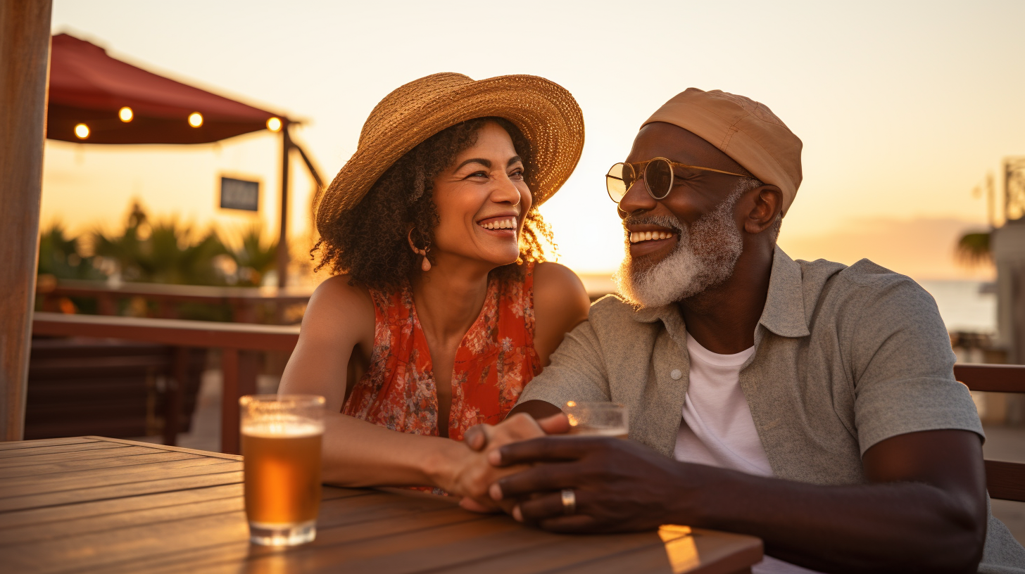 Mature couple laughing and holding hands at sunset beach café, epitomizing post-40 love and connection.
