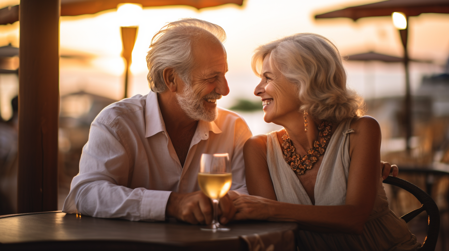 An elegant older couple laughing together, their hands intertwined, set against a romantic sunset backdrop at a beach café, symbolizing renewed love and passion in the golden years.