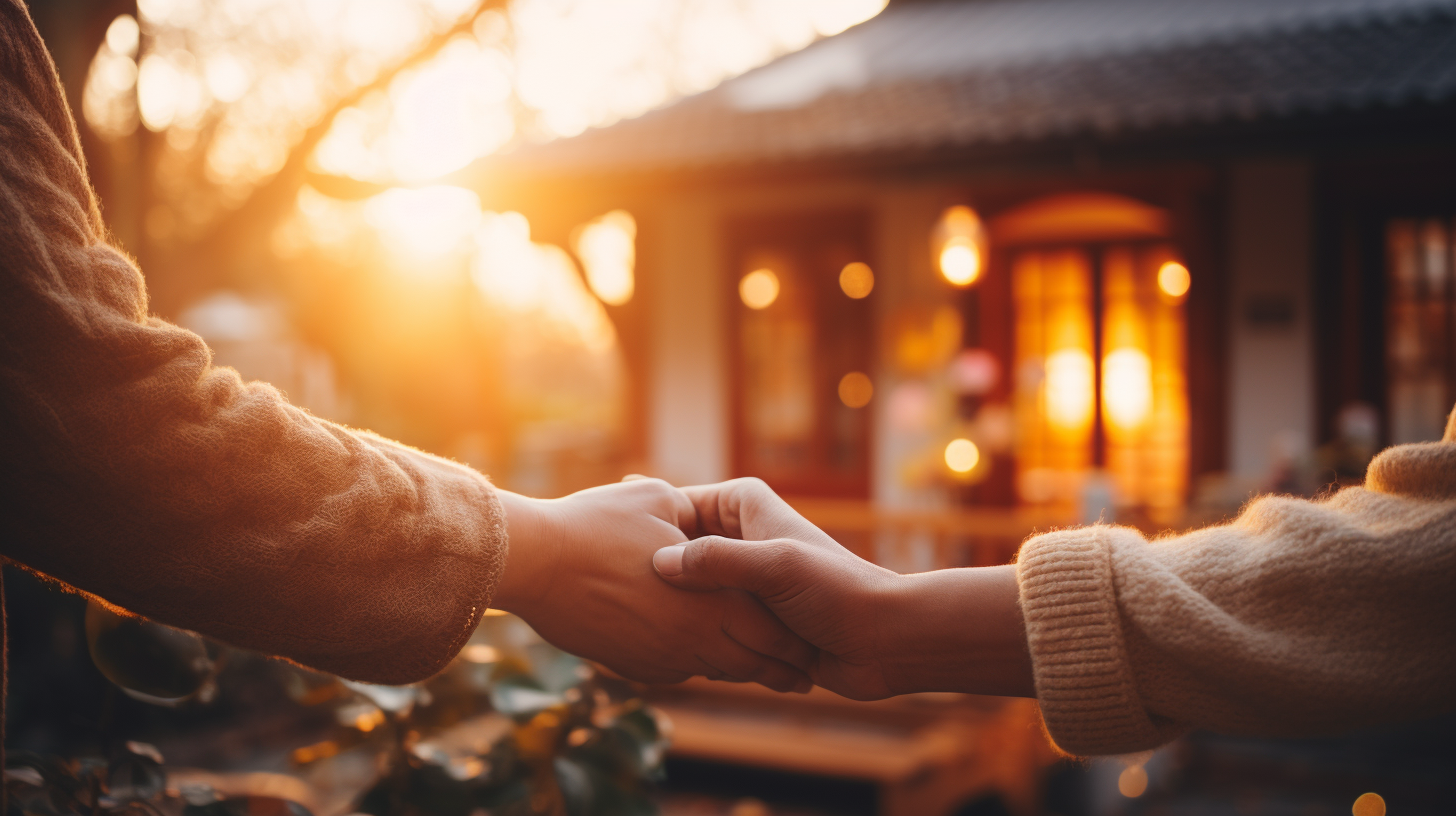 A close-up of intertwined hands, demonstrating the love language of acts of service, set against a blurred backdrop of a cozy home setting with warm, golden lighting.