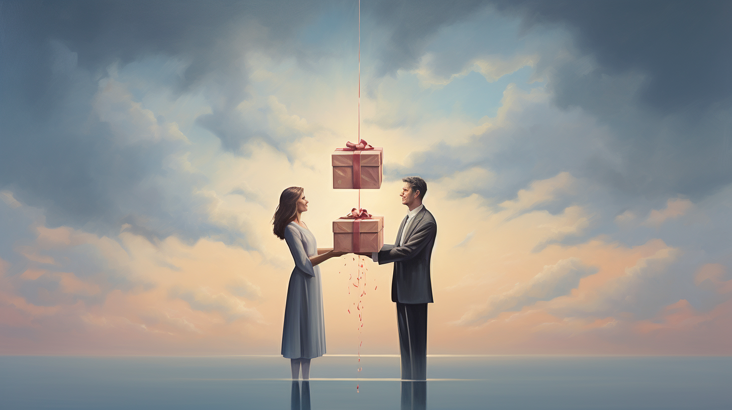 An intertwined couples, each holding a gift box. The background subtly fades from a warm sunrise hue at the base to a gentle blue sky, symbolizing hope and growth.