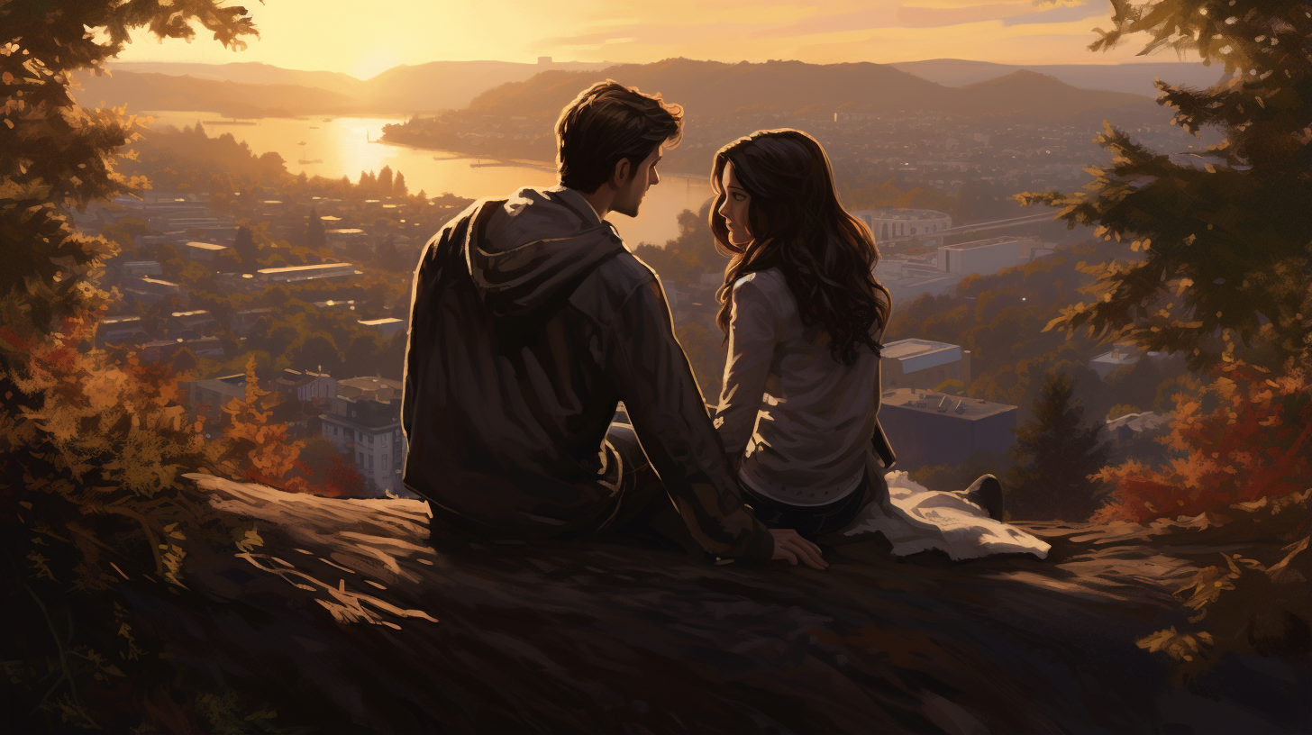 A couple sits intimately, engrossed in conversation. The fading sunlight casts a golden hue, The tranquility of nature contrasts with the distant urban life, emphasizing a secluded moment of quality time.