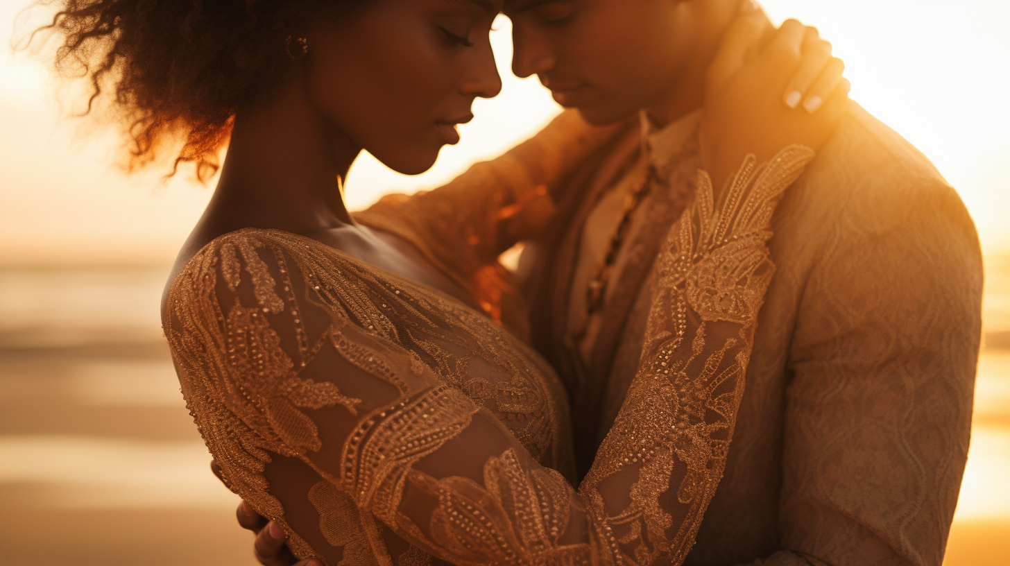 A close-up of a couple hugging, displaying diverse skin tones, set against a soft-focus background of a serene beach during sunset. The golden hues of the setting sun cast a warm glow, highlighting the intricate details of connection and unity in the hands.