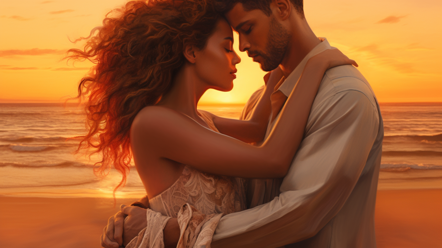 A close-up of a couple hugging, displaying diverse skin tones, set against a soft-focus background of a serene beach during sunset. The golden hues of the setting sun cast a warm glow, highlighting the intricate details of connection and unity in the hands.