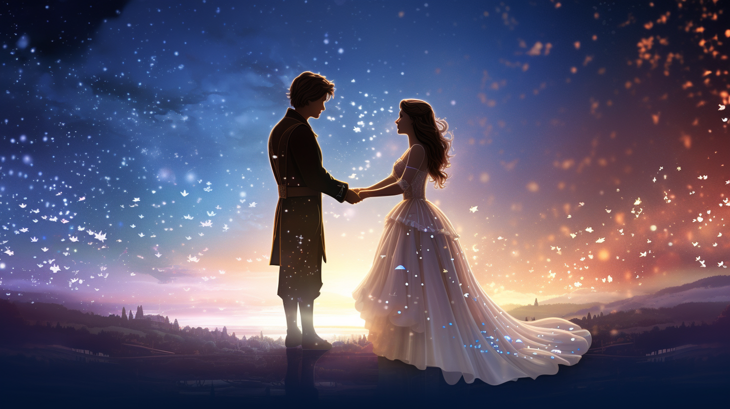 A classic, soft-focus fairy-tale representation: a couple in elegant, old-world clothing, standing at a distance, with a magical, glittering thread connecting their hearts, set against a dreamy, moonlit castle backdrop.
