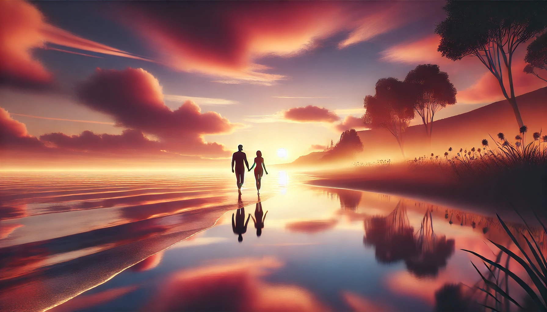 serene and romantic landscape image related to relationships, featuring a couple walking hand in hand along a peaceful beach at sunset