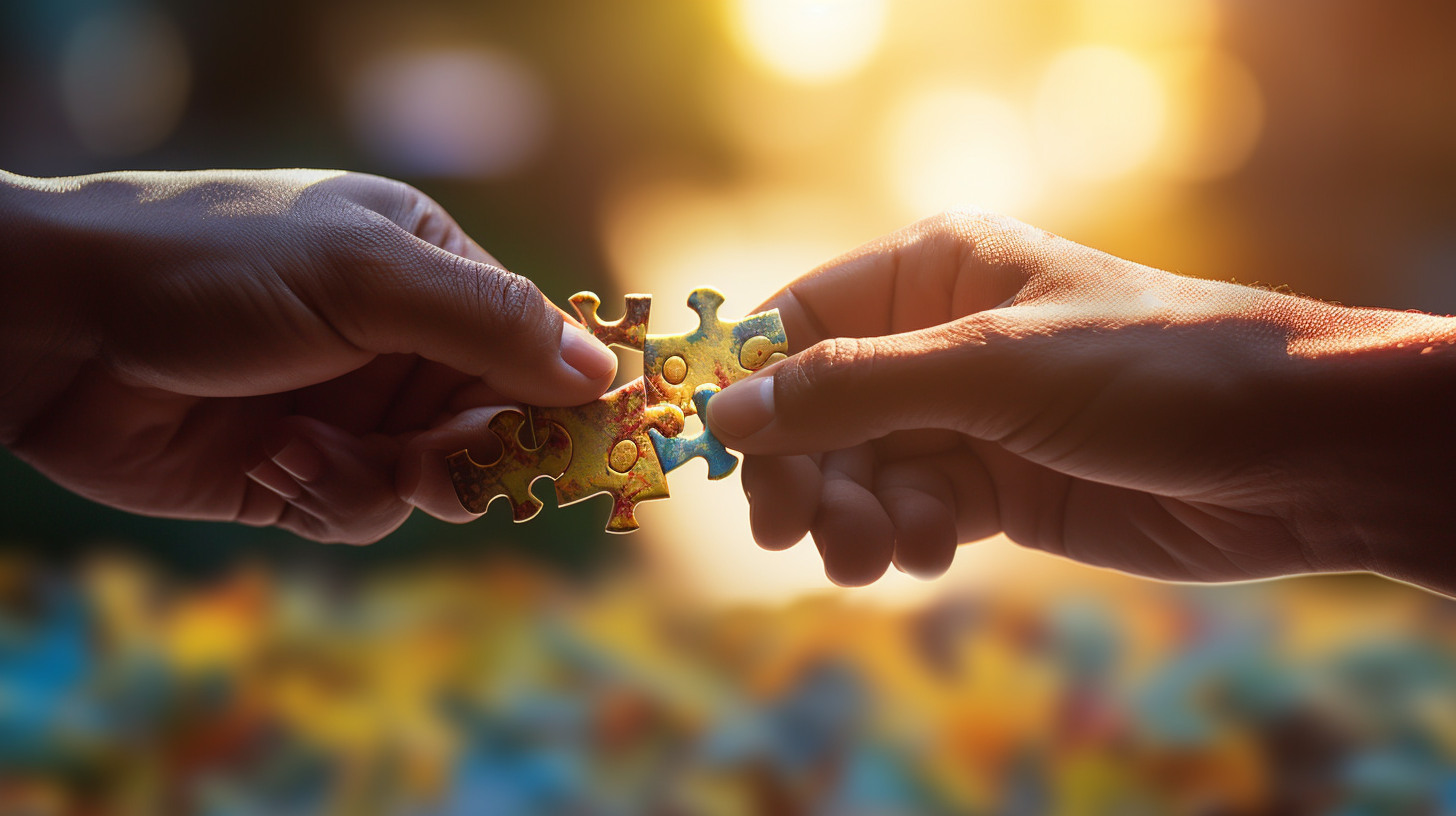 Intertwined hands holding connecting puzzle pieces, symbolizing trust-building exercises for couples in the background.
