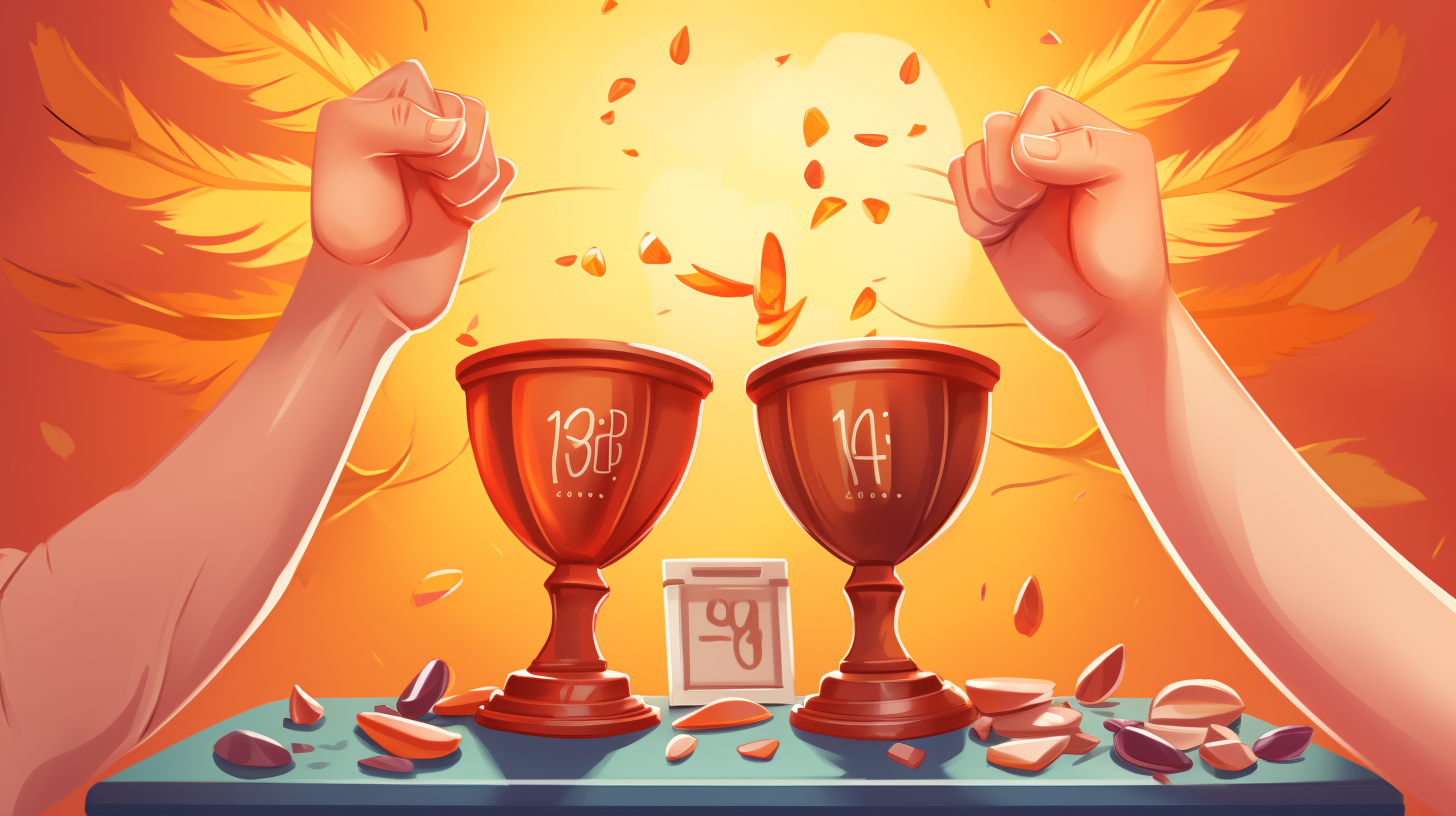 A close-up of hands, each holding different game props like an orange ping-pong ball, a spoon, and a feather.  A festive, blurred background of cheering people, banners saying "Minute to Win It," and a scoreboard.