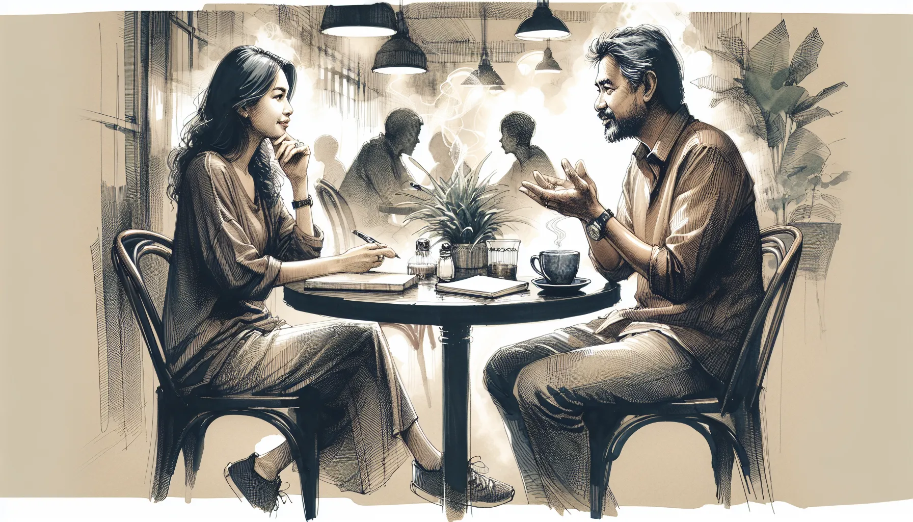 Couple discussing how to set healthy boundaries in their relationship in a coffee shop.