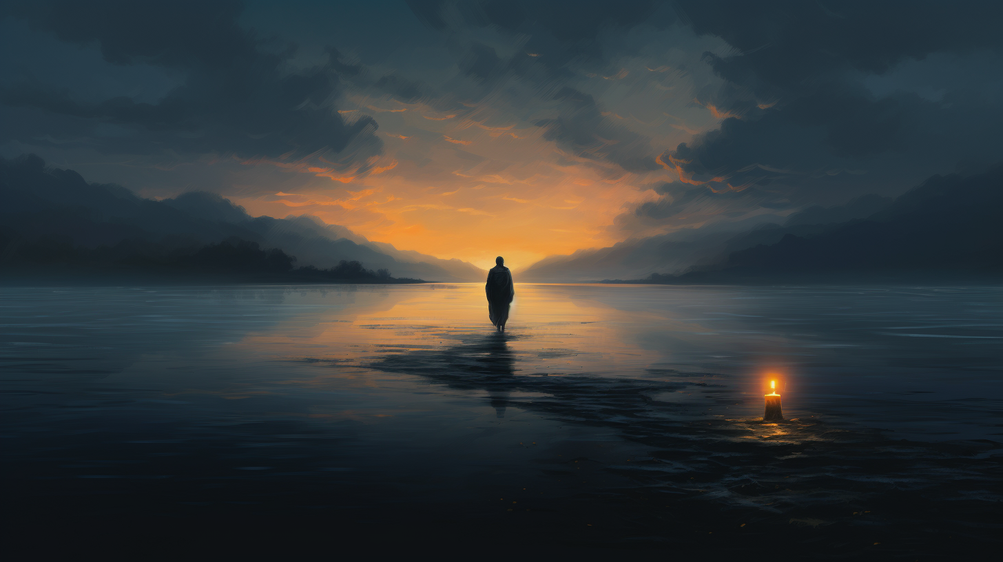 Person holding lantern beside calm lake, symbolizing the transition from grief's darkness to the hope of healing at dawn. Image 1.
