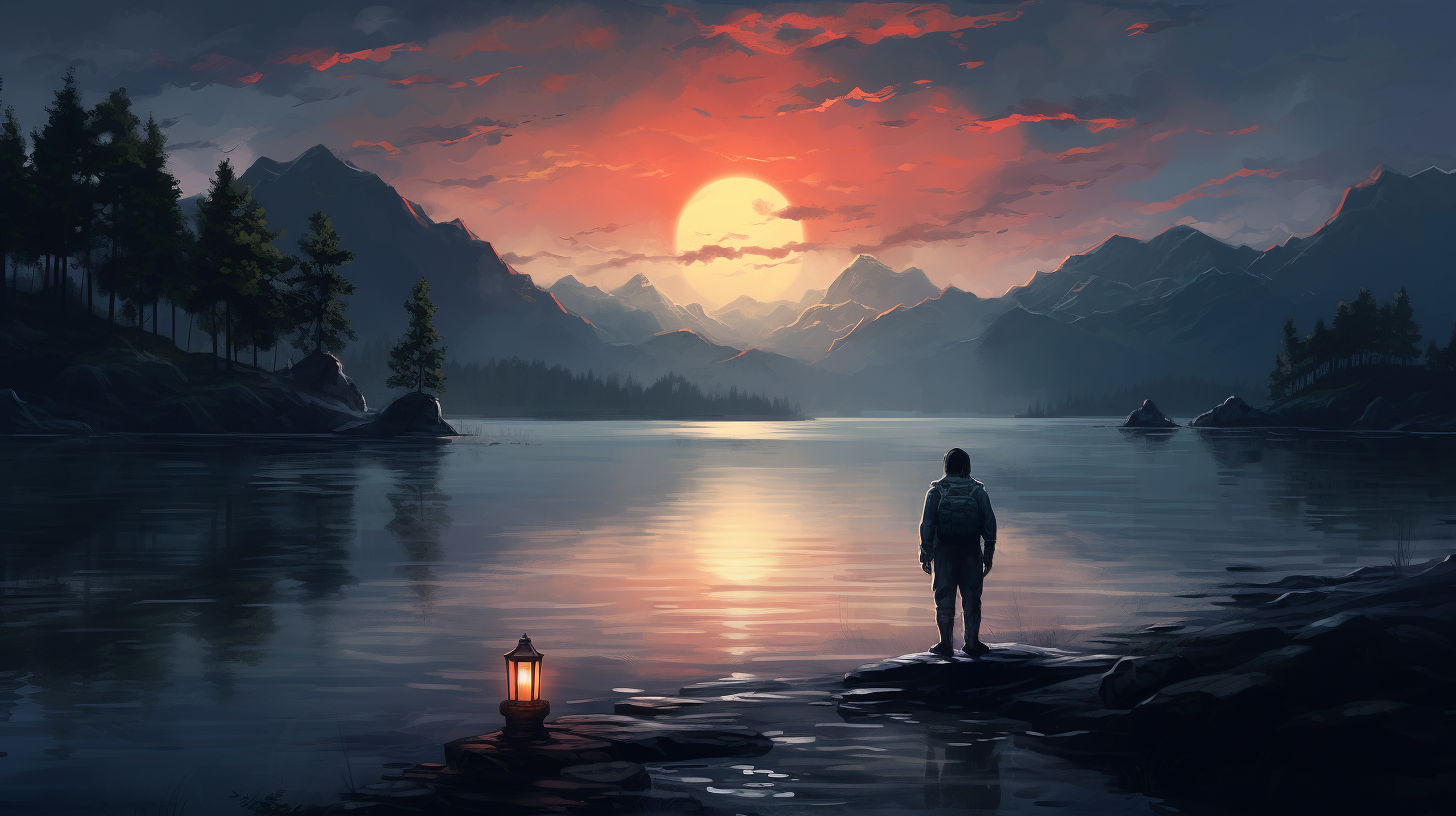 Person holding lantern beside calm lake, symbolizing the transition from grief's darkness to the hope of healing at dawn. Image 2.