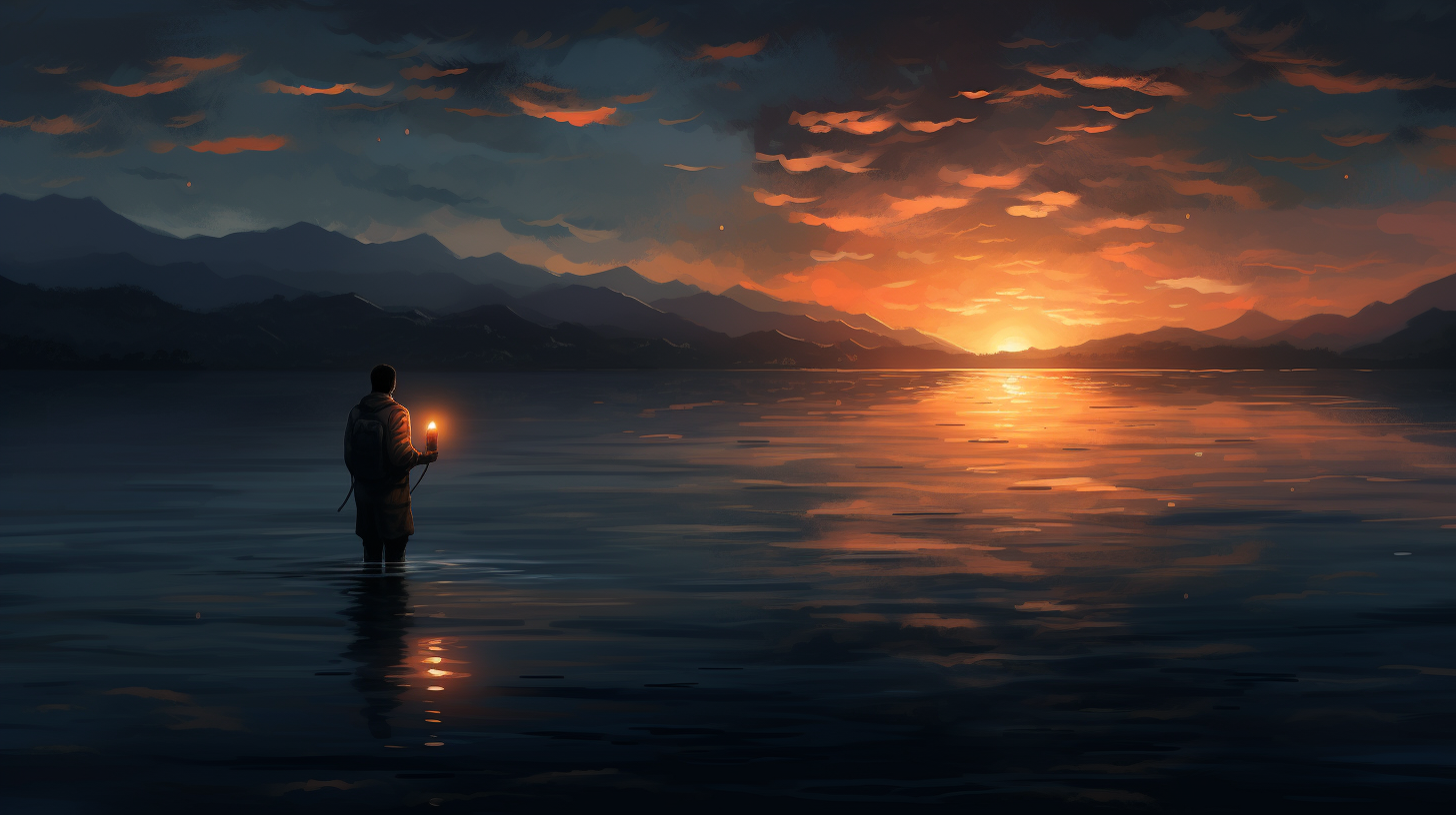Person holding lantern beside calm lake, symbolizing the transition from grief's darkness to the hope of healing at dawn. Image 3.