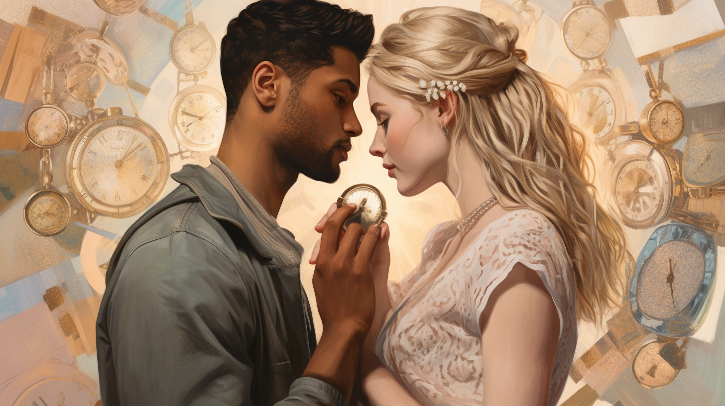 Diverse couple showcasing five love languages symbols against a pastel background with relevant icons.