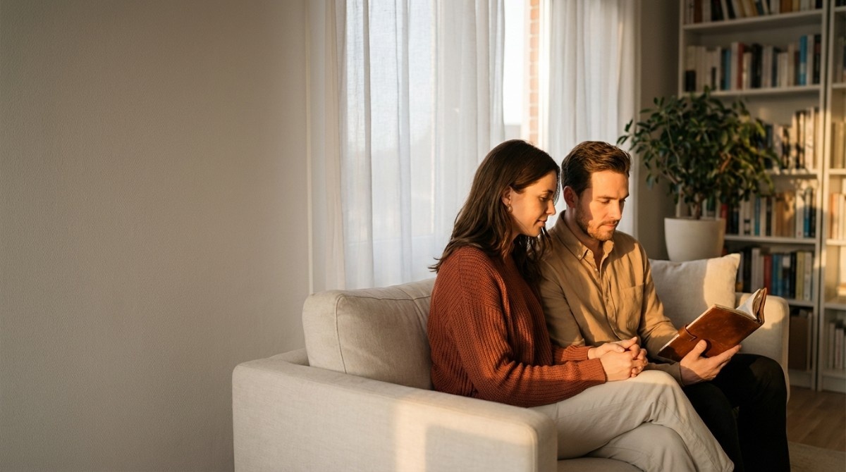 Man and woman sitting on a couch reading a book together in a cozy living room with warm sunlight.
