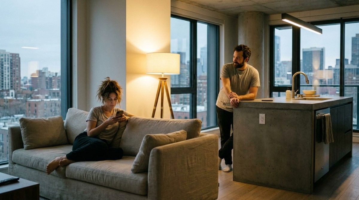 Woman sitting on a couch using her phone while a man leans on a kitchen counter in a modern apartment, highlighting relationship disconnection and lack of communication.