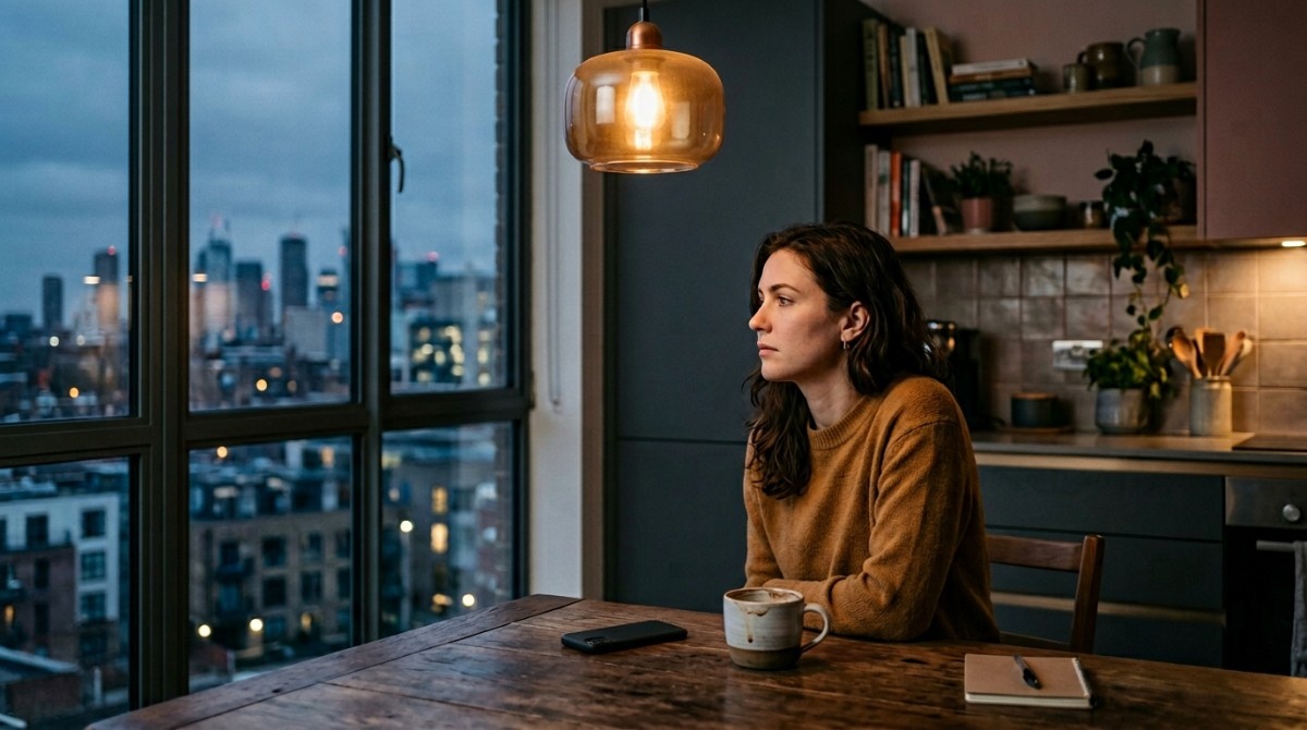 Woman sitting alone at a kitchen table near a window, looking thoughtful with a city skyline in the background.