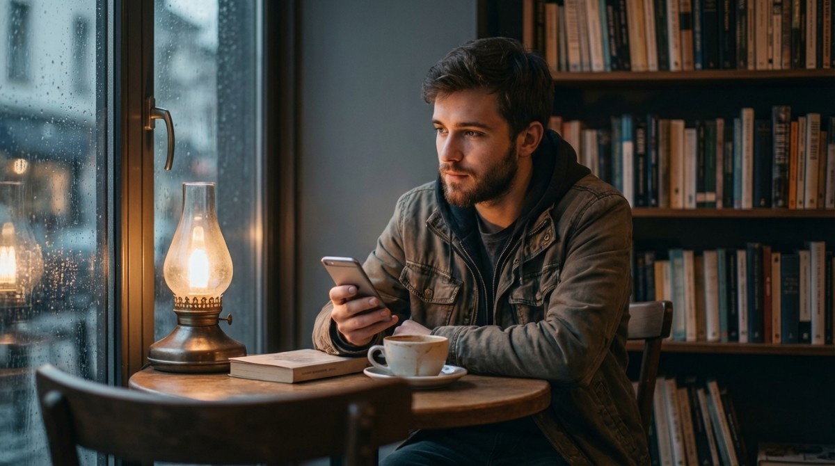 Young man using a smartphone at a café table near a window with raindrops outside, warm lamp lighting, and a relaxed indoor setting