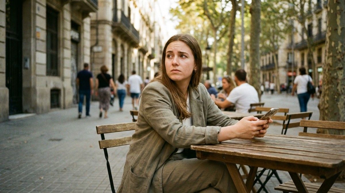 Woman sitting alone at café checking phone with worried expression