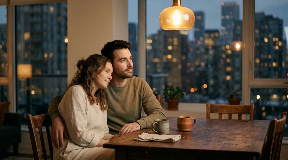 Couple sitting together at home looking out city window during quiet evening