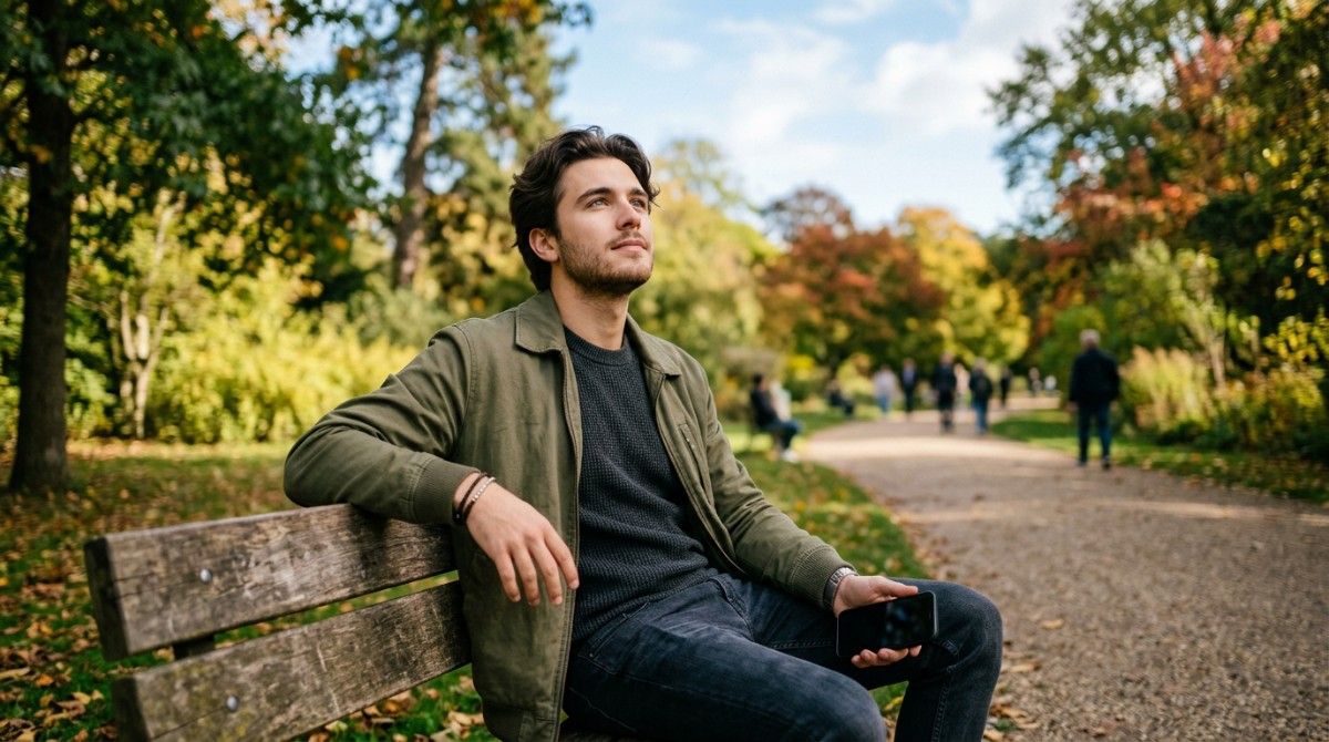 Man sitting alone on a park bench during the day, holding his phone and looking thoughtful