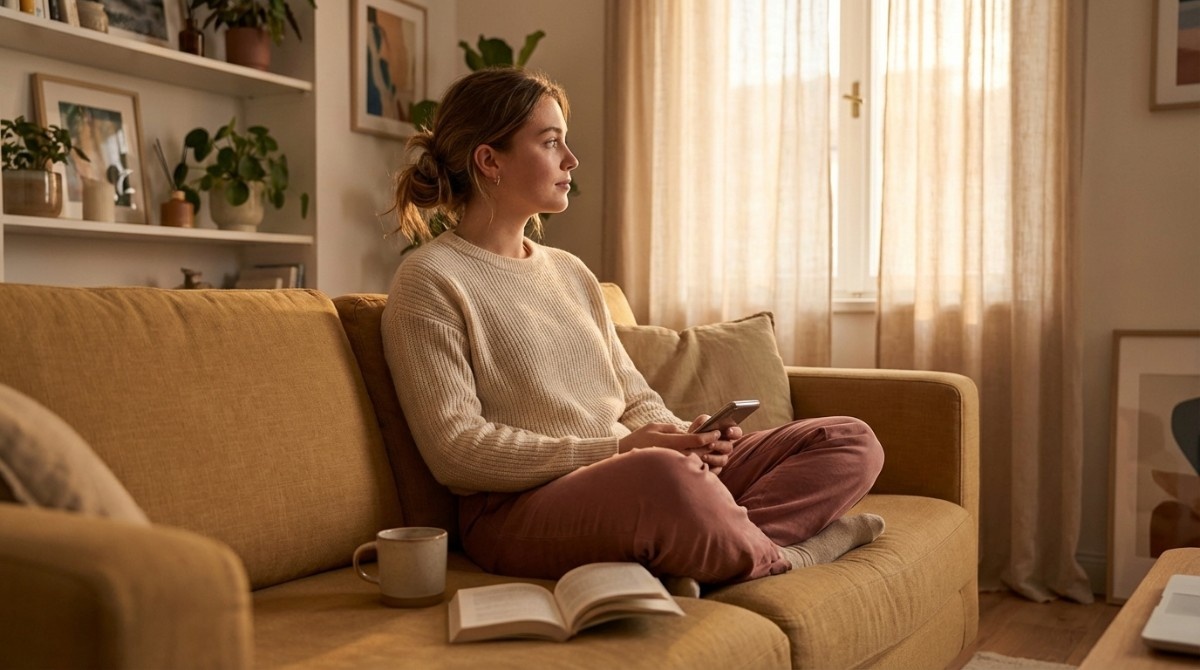 Woman sitting on a couch holding a phone, looking thoughtful and introspective about her relationship and emotions.