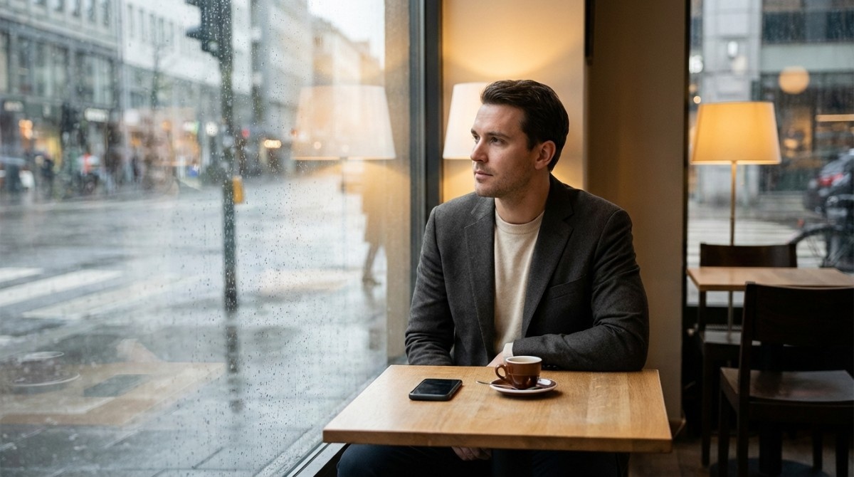 Man sitting alone at a café by a rainy window, looking outside thoughtfully, symbolizing introspection and relationship uncertainty.