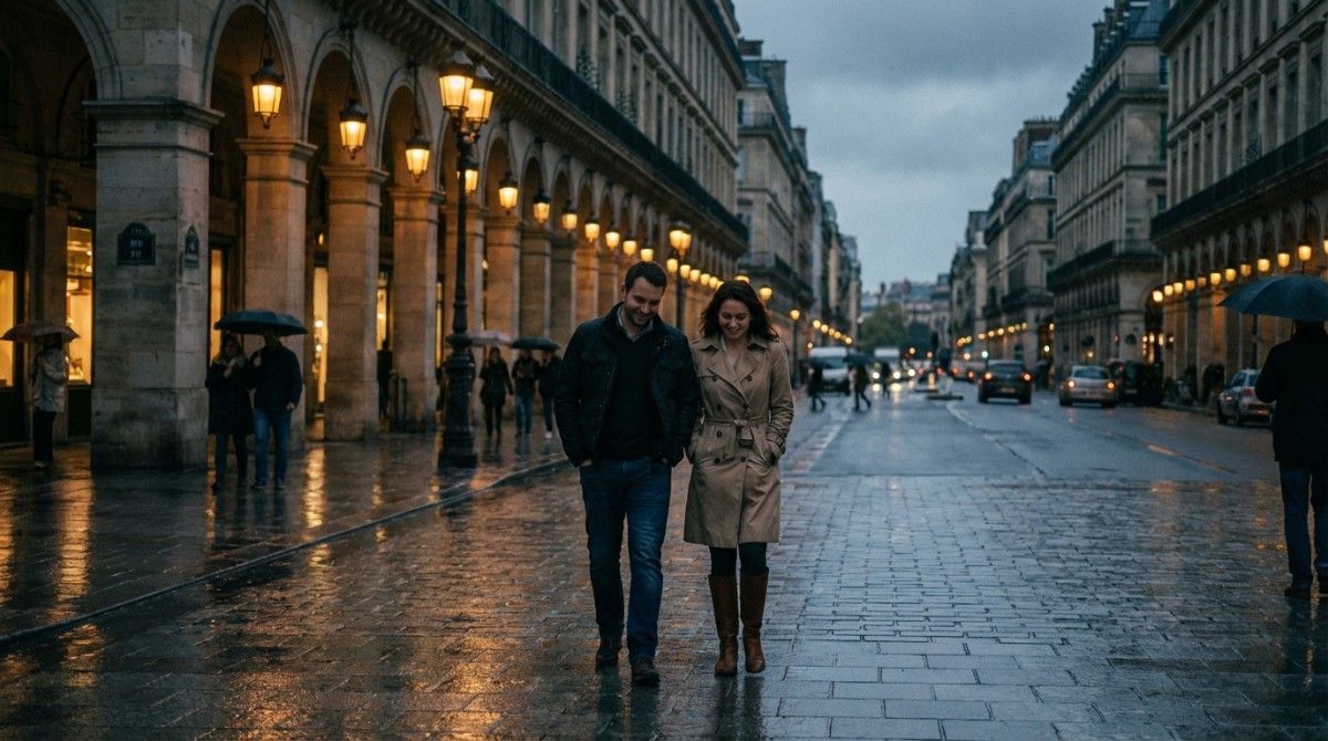 Couple walking together on rainy city street during evening date
