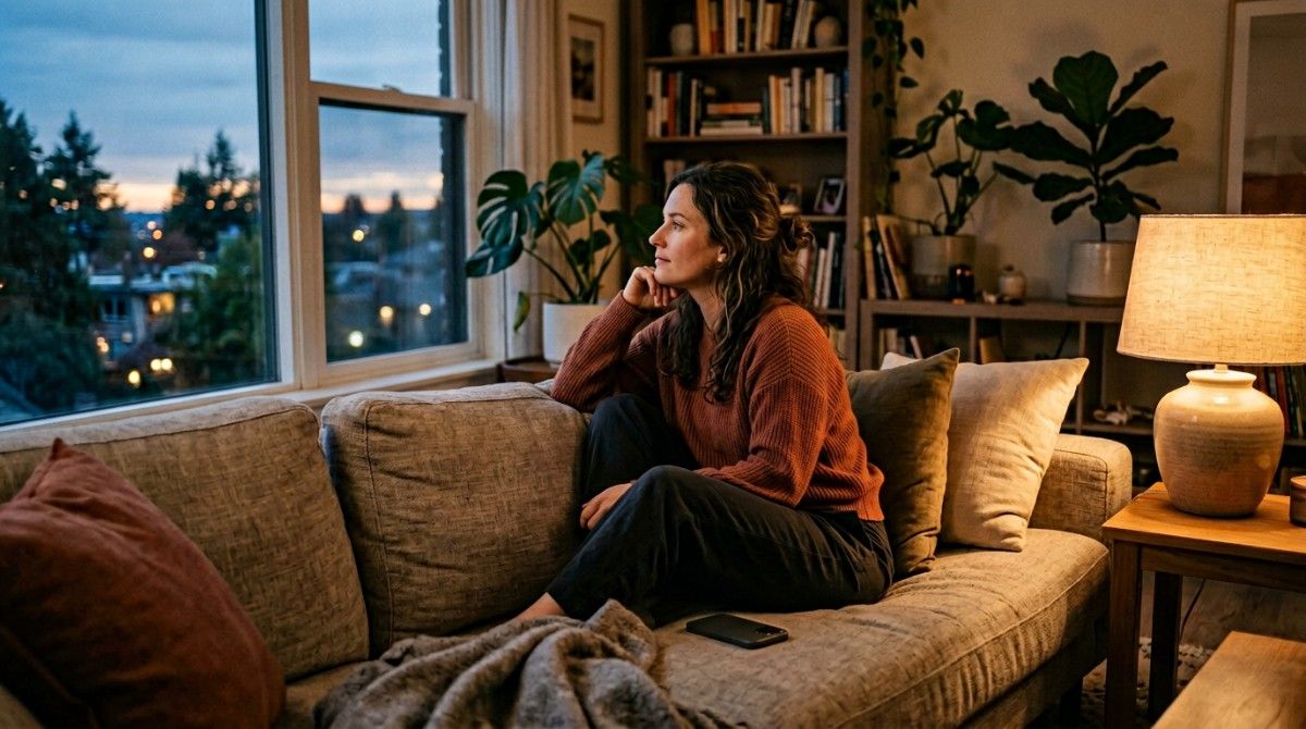 Woman sitting alone on a couch in a softly lit living room, looking out the window with a phone placed beside her, expressing loneliness and emotional withdrawal.
