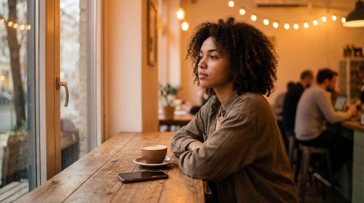 Woman sitting alone in a cozy café with coffee, looking out the window thoughtfully while waiting for a text message