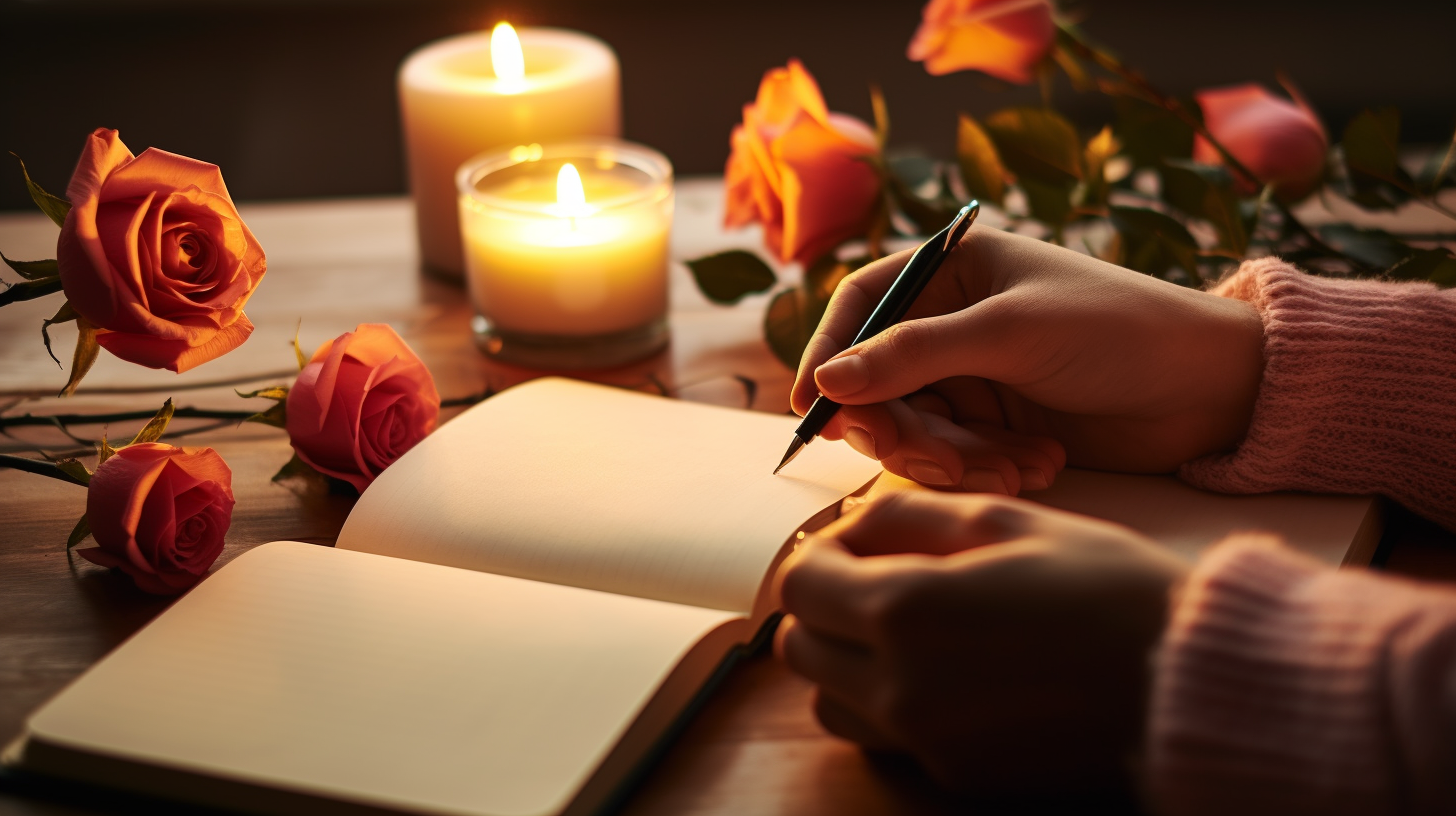 A close-up shot of a couple's hands, each holding a pen, poised over a notebook that says "Our Love Story" in elegant handwriting.