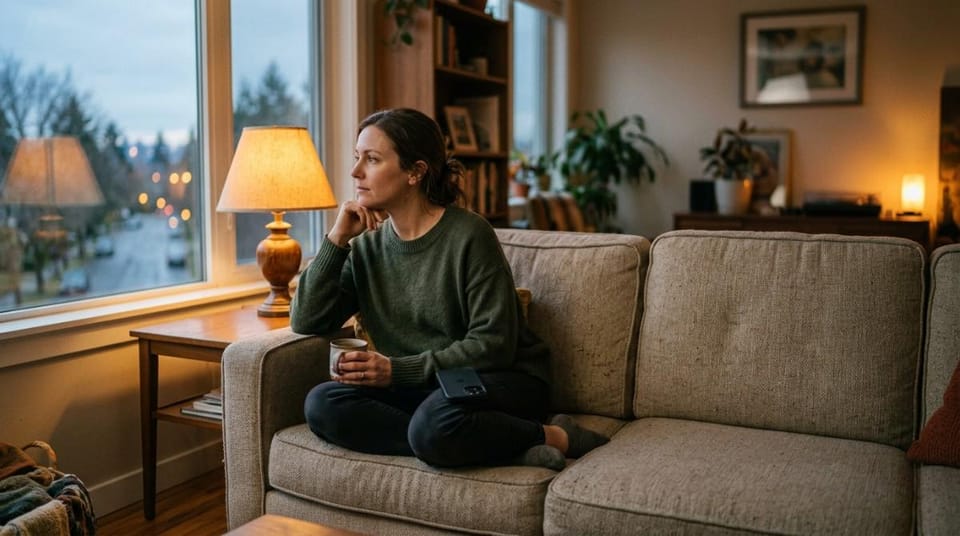 Woman sitting on a couch with a mug, thoughtfully looking out the window with her phone beside her.